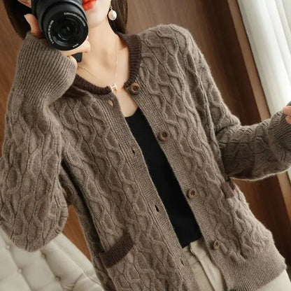 Round Neck Button Fringe Stereoscopic Pockets Knitted Sweater