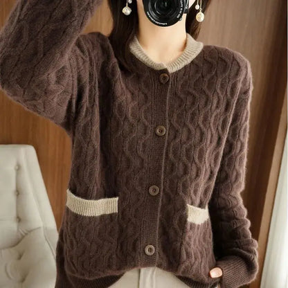 Round Neck Button Fringe Stereoscopic Pockets Knitted Sweater