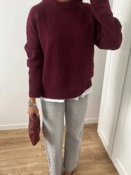 Round Neck Pullover Loose Jumper For Women Solid Sleeve Bottom Shirt Cosy Casual Sweater