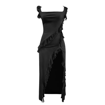 FashionSierra - Ruffles Chiffon Maxi Dress For Women 2024 Backless Split Sexy Black Long Wedding Party Elegant Luxury Chic Female