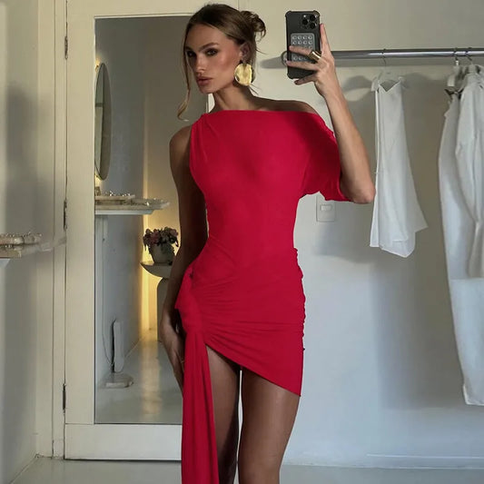 Oblique-Shoulder Backless Irregular Draped Dress