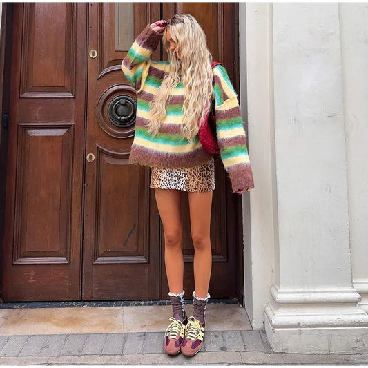 Mohair Striped Long Sleeve Contrast Sweater