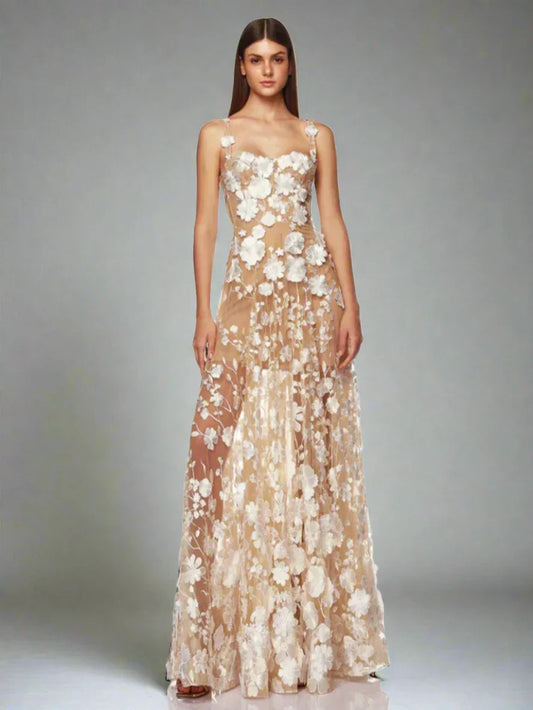 Floral Embroidered Mesh Maxi Dress