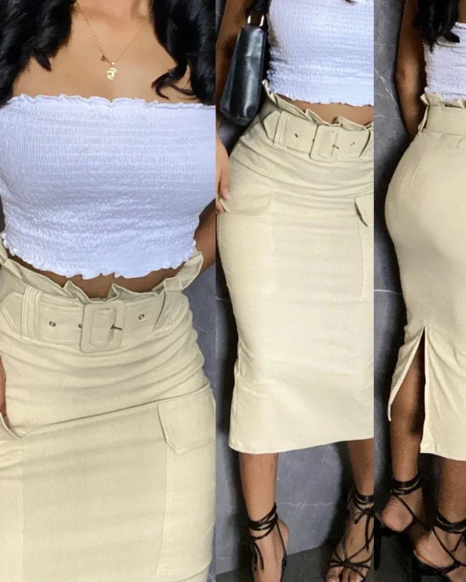 Motorcycle PU Leather Split Skirt khaki / S