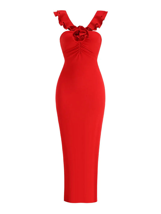 Red Flower Ruffles Strap Maxi Dress