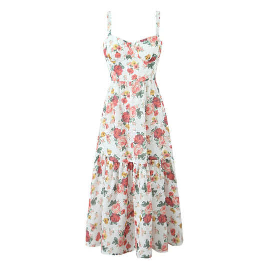 Flower Print Corset Style Ruffles Hem Midi Dress