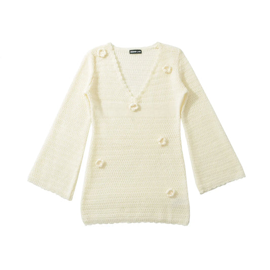 3D Flower Hand Crotch Full Flare Sleeve Sweater Dress