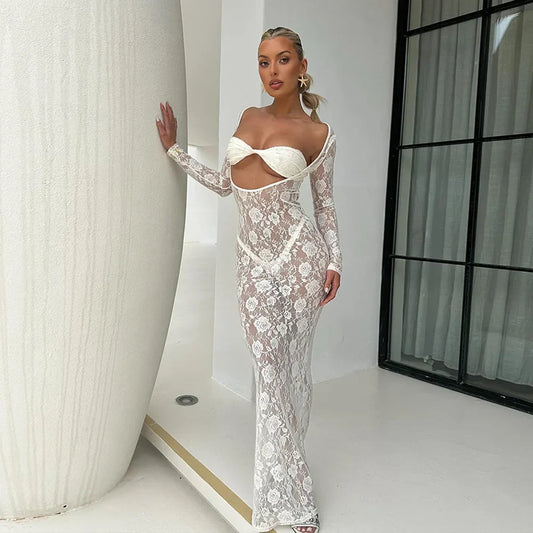 Perspective Lace Hollow Out Bodycon Maxi Dress