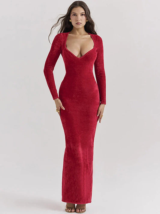 Red Long Sleeve Side Slit Dress