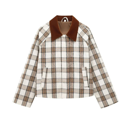 Plaid Turn-down Collar Long Sleeve Coat