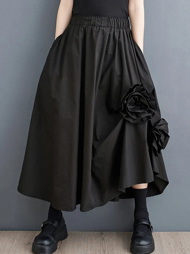 Vintage Floral Loose Midi Skirt Black / One Size