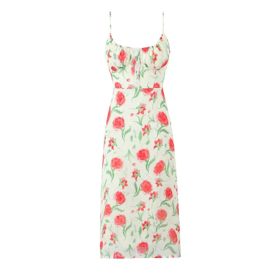 Large Flowers Elastic Buttons Midi Dress