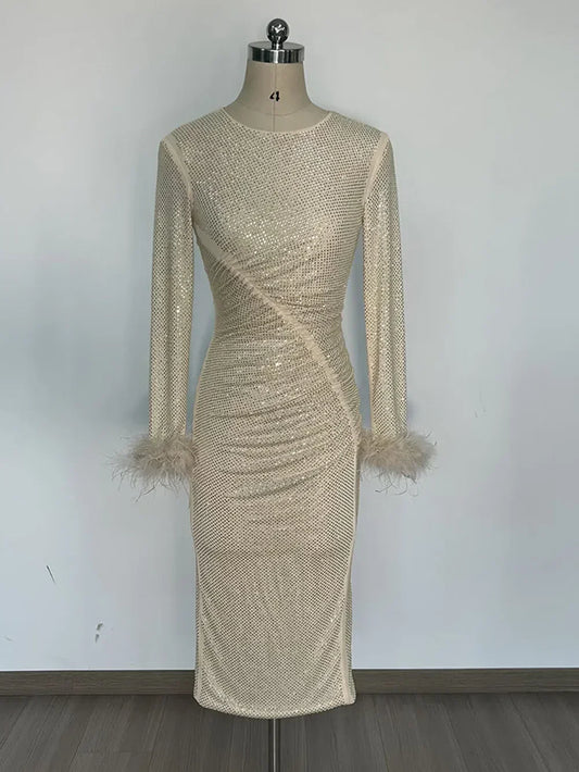 Long Sleeve Feathers Rhinestone Midi Dress