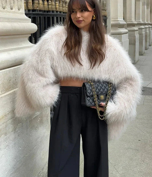 White Faux Fur Short Pullover Coat