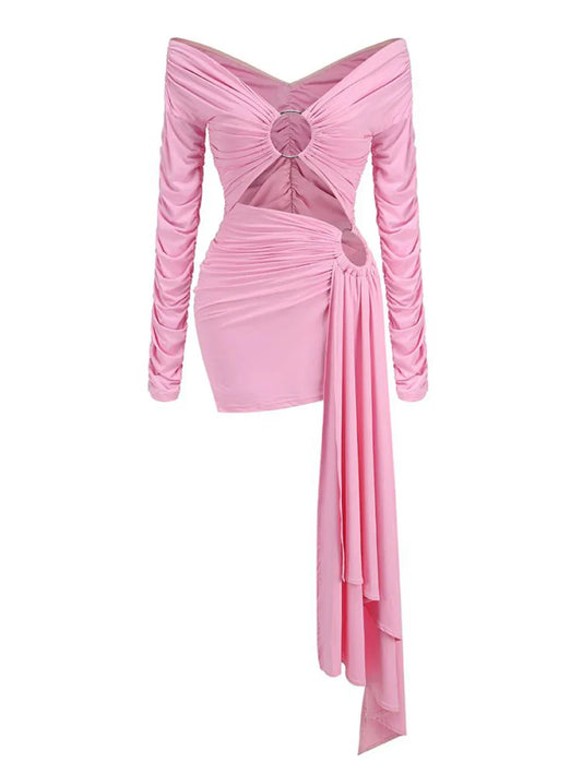 Pink Hollow Out Long Sleeved V-Neck Mini Dress