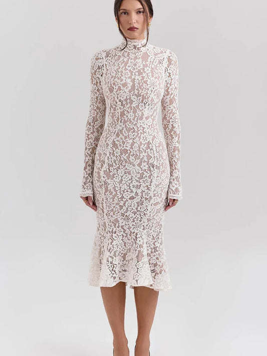 Lace White Long Sleeve Turtleneck Dress