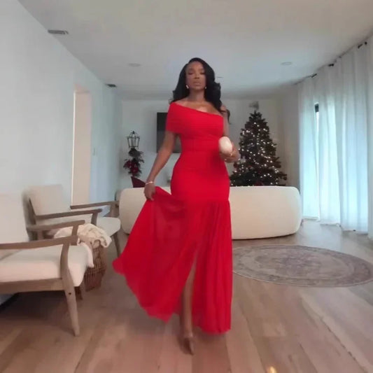 One Shoulder Mesh Solid Maxi Dress