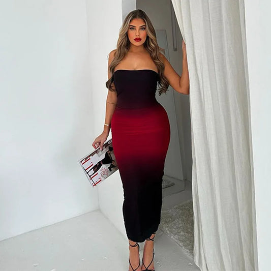 Strapless Black-Red Gradient Long Dress