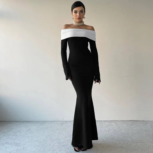 Black & White Off-the-Shoulder Maxi Dress with Long Sleeves