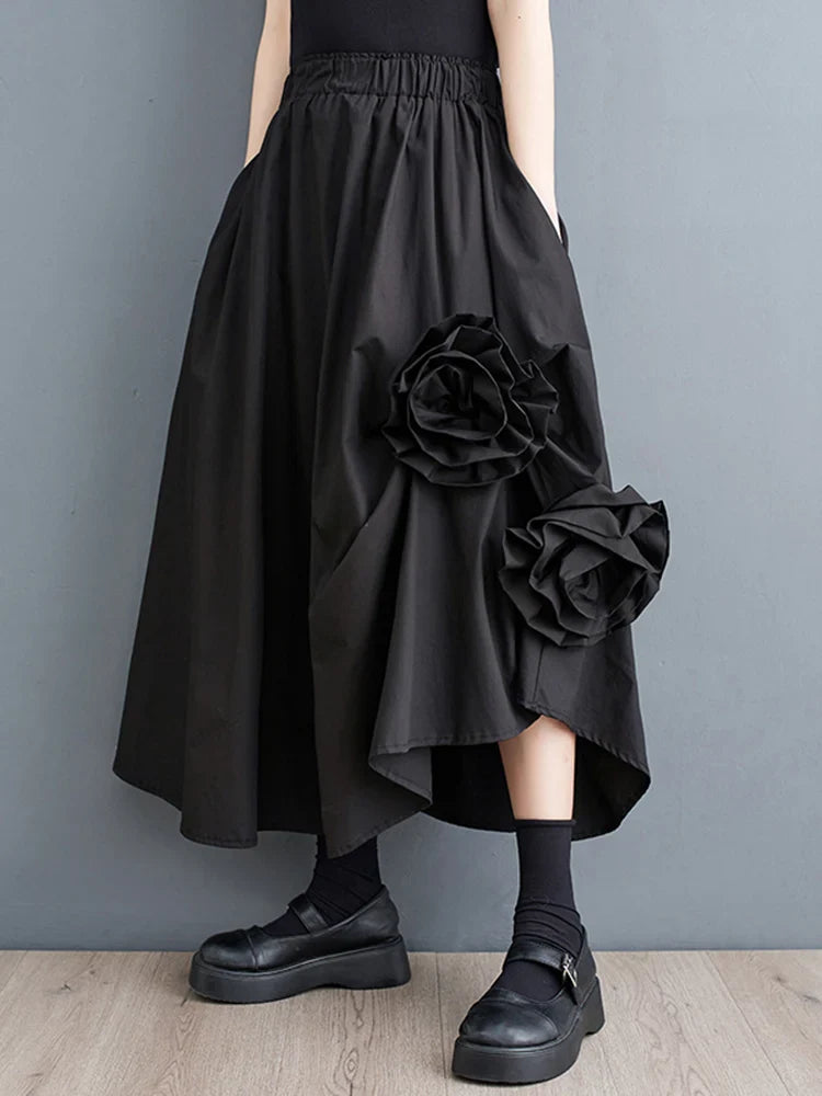 Vintage Floral Baggy Midi Skirt Black / One Size