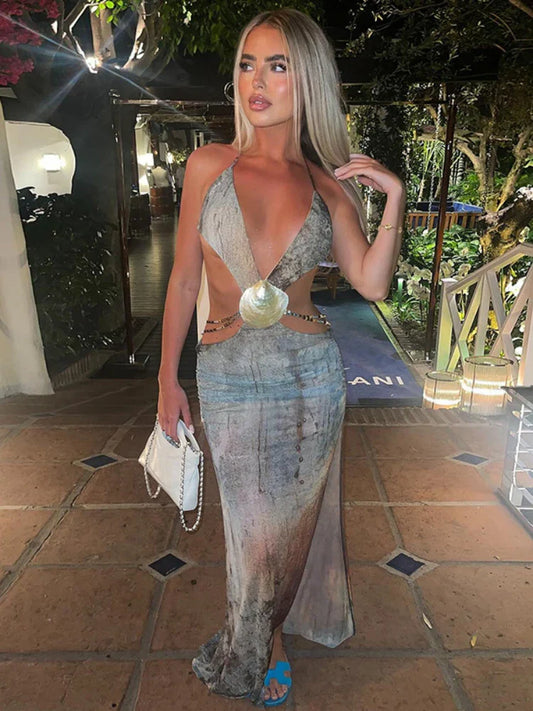 Backless Split Abstract Printed Mesh Sheer Dress