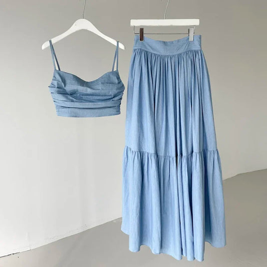 Denim Camisole Top Large Swing Long Skirt Suit