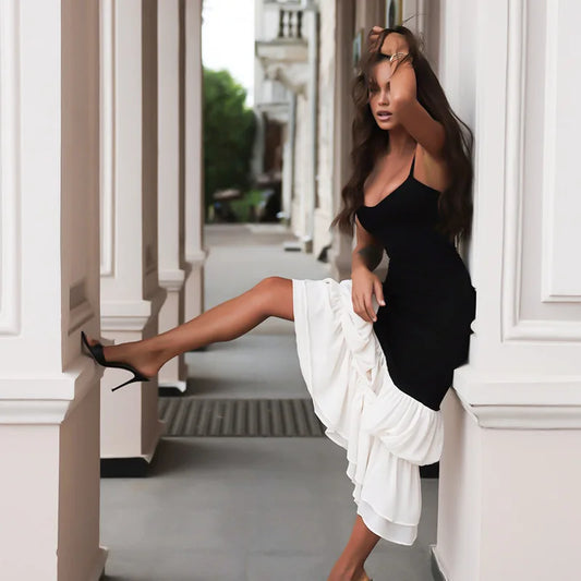 Black Strap White Frill Patchwork Maxi Dress