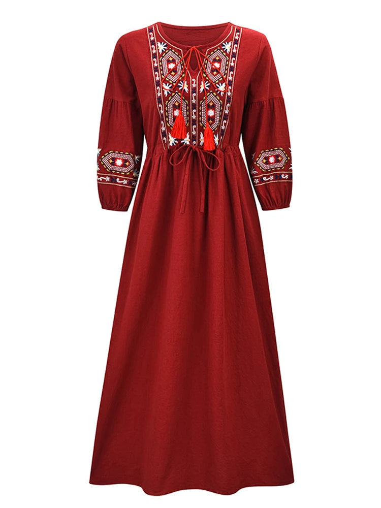 FashionSierra - 2024 Cotton Linen Embroidery A Neck Ruffle Sleeve Boho Dress