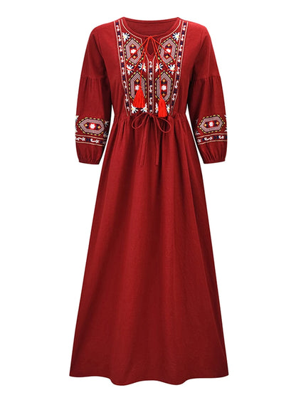 FashionSierra - 2024 Cotton Linen Embroidery A Neck Ruffle Sleeve Boho Dress