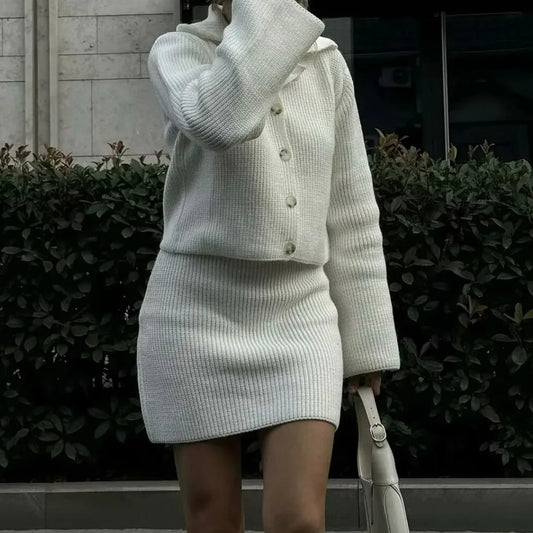 Lapel Cardigan Elastic Waist Mini Skirt Suits