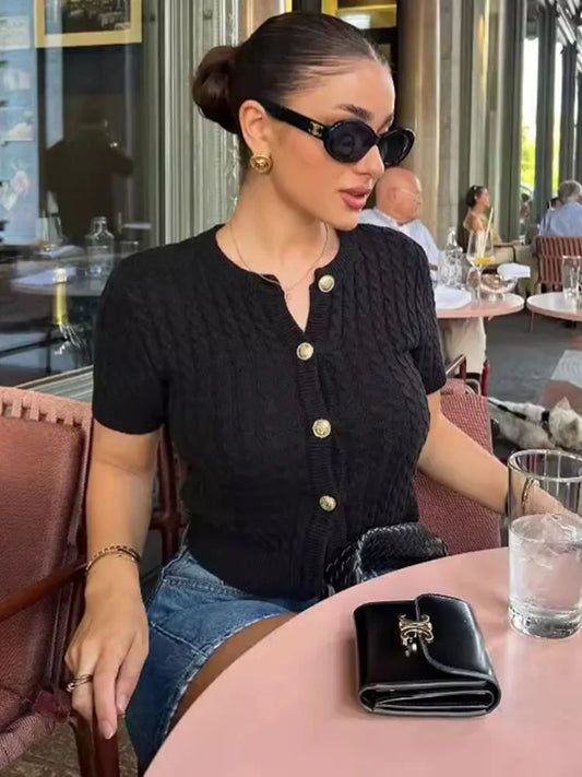 Twist Knitted Short Sleeve Sweater-Top