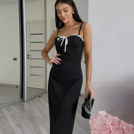 Open Back Lace Patchwork Black Maxi Dress