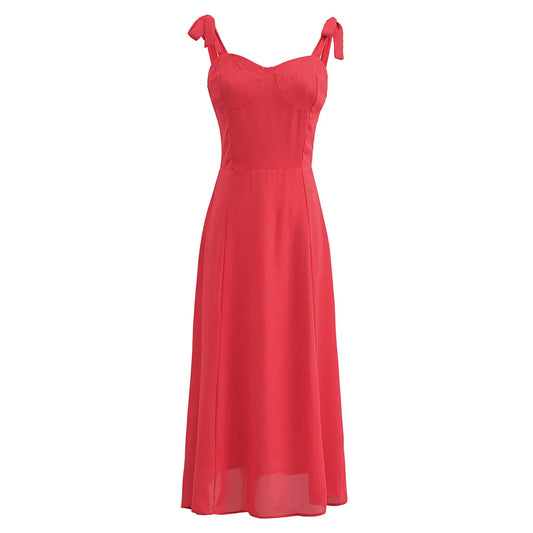 Solid Red Tie Bow Strap Midi Dress