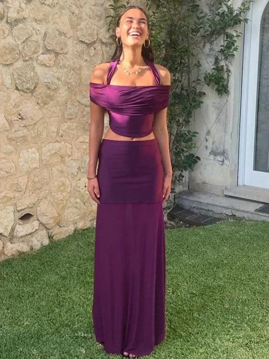 Purple Mesh Two-Piece Set with Sheer Halter Top and Long Skirt