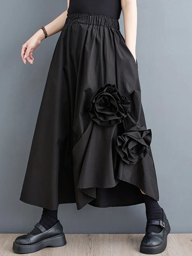 Vintage Floral Loose Midi Skirt Black / One Size
