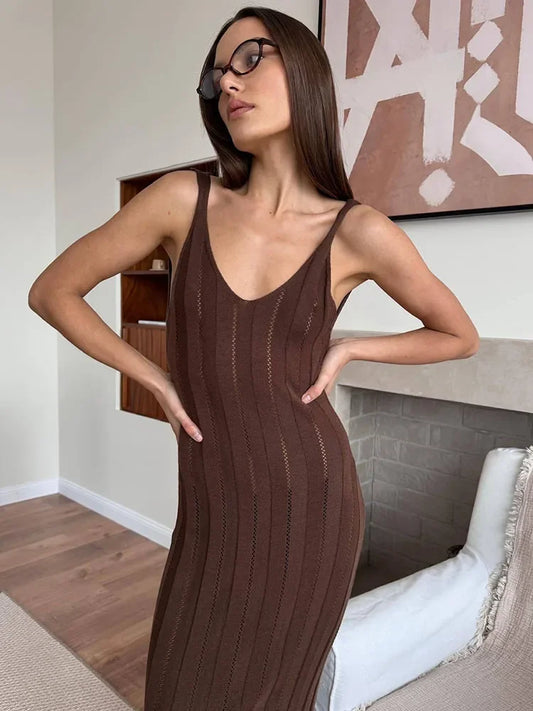 Knit Ribbed Open Back Solid Long Dress
