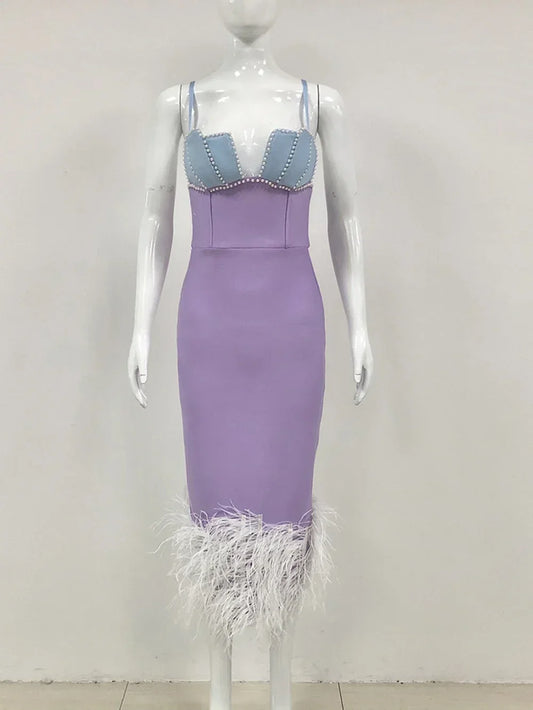 Feather & Bead Cocktail  Spaghetti Strap Party Dress