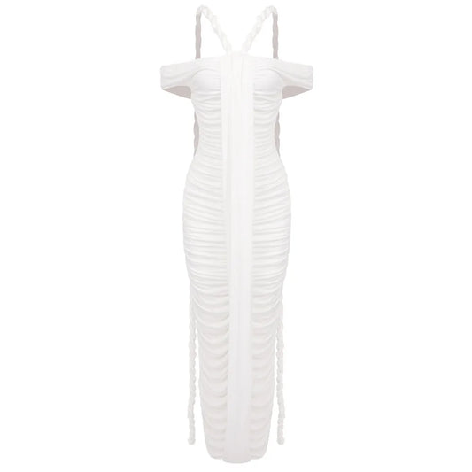 Slash Neck Pleated Braid Ribbon Long Dress