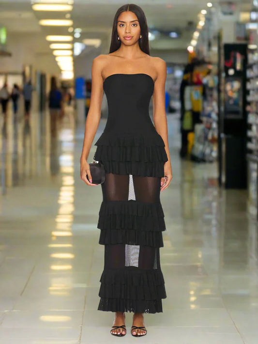 Strapless Mesh Patchwork Ruffle Dress