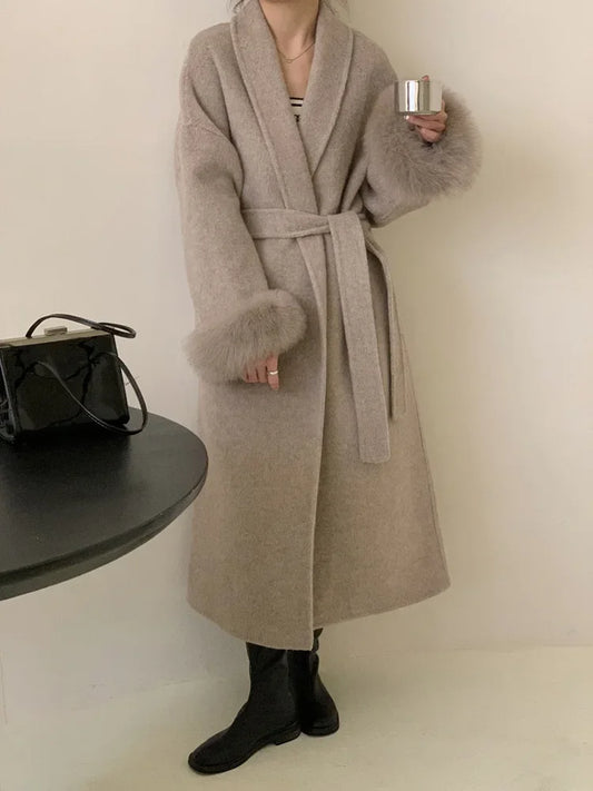 Lace-Up Fur Fluffy Lapel Long Sleeve Overcoat