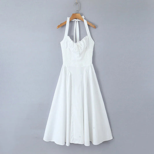 Corset Style Bow Halter Spliced Lace Midi Dress