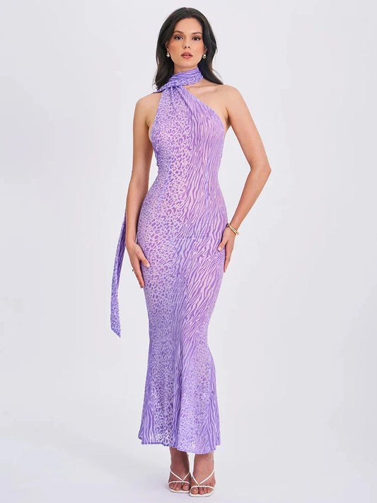 Purple Sheer Halter Draped Open Back Long Dress