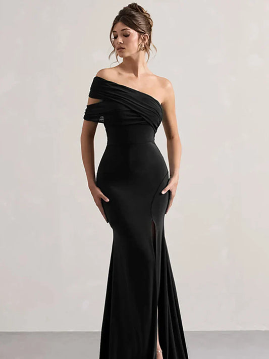 Solid One Shoulder Mesh Slit Long Dress