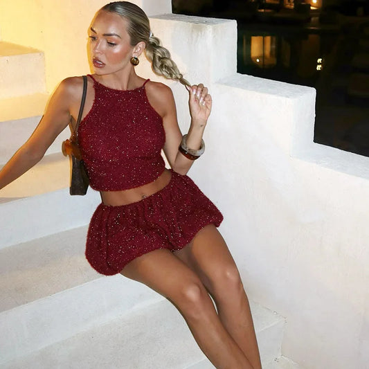 Furry Mini Skirt Crop Top Set