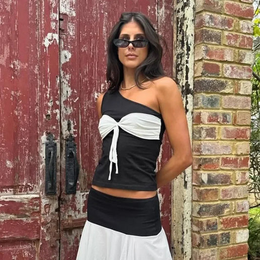 Patchwork Lacing Black White Top