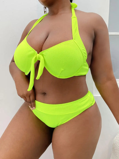 FashionSierra - 2024 Fashionable Pleated One Piece Neon Lime Push Up Plus Size Swimsuits
