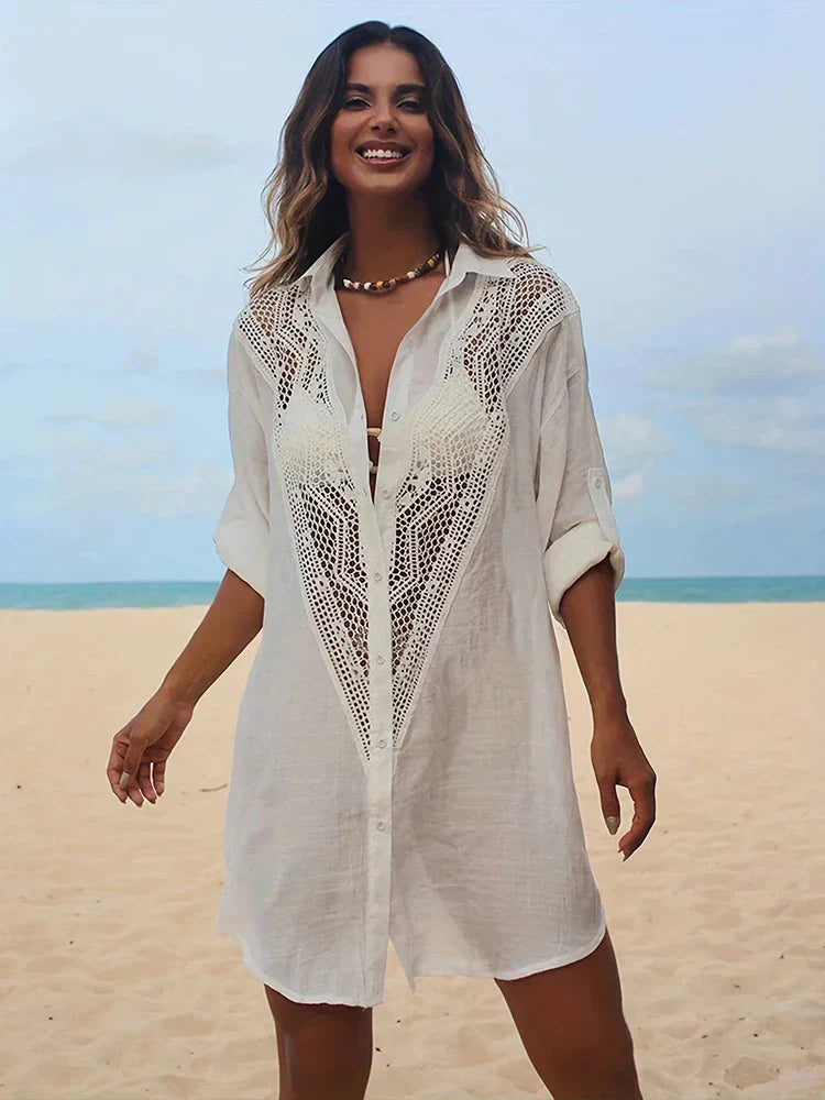 Spliced Lace Turn-Down Collar Cover Up