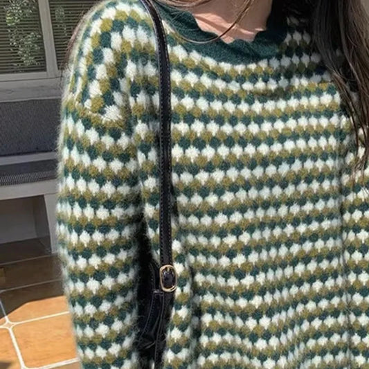 Plaid Long Sleeve Knitted Sweater