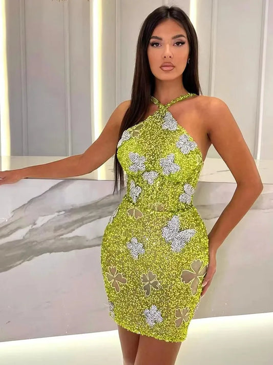 Sleeveless Mesh Sequins Butterfly Mini Dress