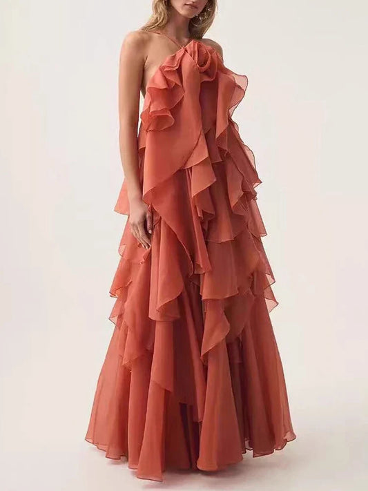 Halter 3D Flower Flounce Irregular Loose Maxi Dress
